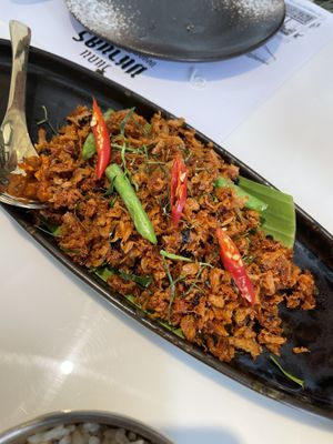 Stir-fried vegan crispy gourami with curry paste  at Vegan Mahanakhon in Bangkok