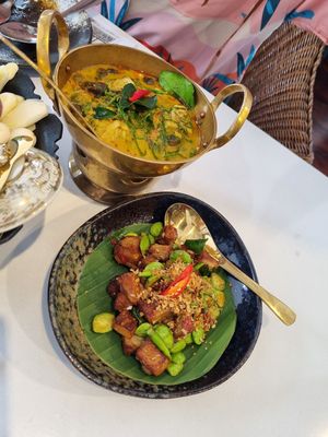 Stinky bean and fake pork belly, acacia and mushroom curry. at Vegan Mahanakhon in Bangkok