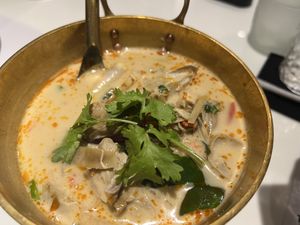 tom kha with banana blossom  at Vegan Mahanakhon in Bangkok