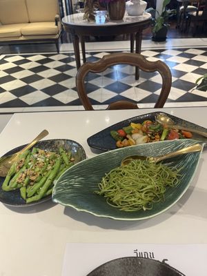 Beans, morning glory, and cashew chikn  at Vegan Mahanakhon in Bangkok