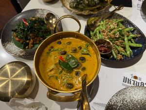 From left: basil stir-fry, mushroom curry, green bean stir-fry at Vegan Mahanakhon in Bangkok