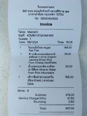 bill at Vegan Mahanakhon in Bangkok