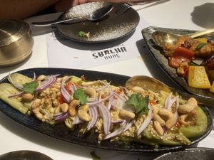 Aubergine with minced pork (tofu)   at Vegan Mahanakhon in Bangkok