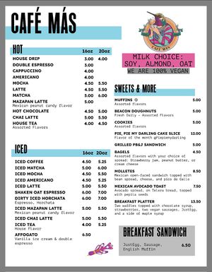 100% vegan menu page 1   at Café Mas in Chicago