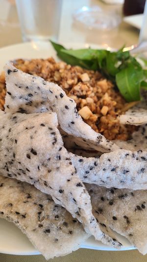 Vegan Clam Dip with rice crackers at Chay Restaurant in Falls Church