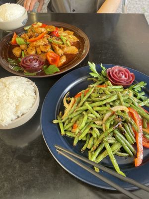 No. 51 vegetarian chicken, no. 53 sichuan dry-fried beans  at Mui Gong 梅江饭店 in Lund