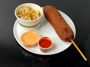 hand-dipped Impossible corndog + potato salad (plated at home) at Tim's Tavern in Seattle