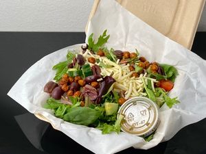 Mediterranean salad - where’s the crostini? (takeout) at Tim's Tavern in Seattle