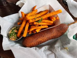 Vegan corn dog and sweet potato fries at Tim's Tavern in Seattle