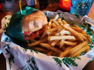 Vegan fried chicken sandwich + fries at Tim's Tavern in Seattle