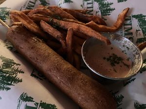 Corn dog and sweet potato fries  at Tim's Tavern in Seattle