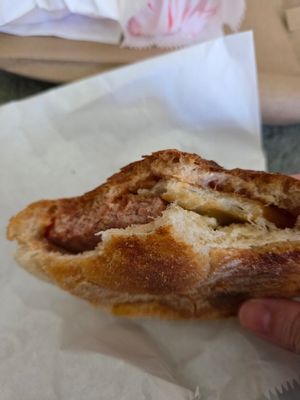 Wee roll in vegan square sausage and tattie scone - a Scottish tradition, can't beat it! at The Green Goose in Glasgow