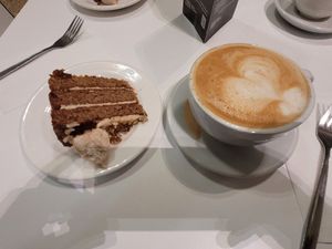 Banana and Pecan Cake and Oat Milk Latte at Walker Art Gallery in Liverpool
