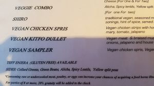 vegan menu section at Enjera in Arlington