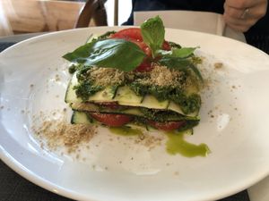 Raw courgette, tomato and pesto lasagne with almond Parmesan    at Ah! La Belle Histoire in Concarneau