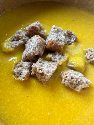 Soup with corn and turmeric  at Kokkinos Skiouros  in Stemnista