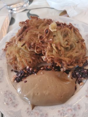 Dill & potato latke, Daikon Lox, Beet Soil, Black Garlic Yogurt at Root To Fruit - Meal Prep in Philadelphia