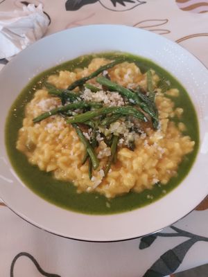 Saffron Butter, Wild Garlic Risotto, Asparagus, & Preserved Lemon Oil at Root To Fruit - Meal Prep in Philadelphia