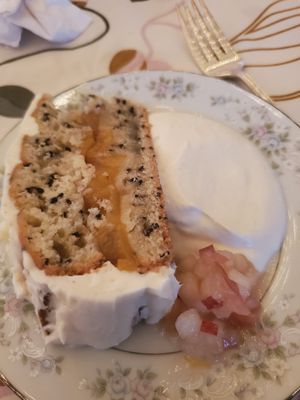 Lemon Black-Sesame cake, coconut cream and peaches at Root To Fruit - Meal Prep in Philadelphia