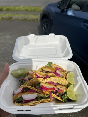 Asada, Al Pastor, and Red Chorizo tacos    at Fredo's Vegan Tacos in Castroville