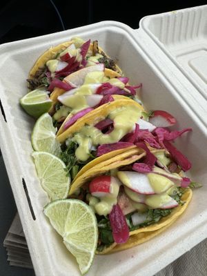 4 different flavors! Al Pastor, Verde, Mushrooms - all delicious!   at Fredo's Vegan Tacos in Castroville