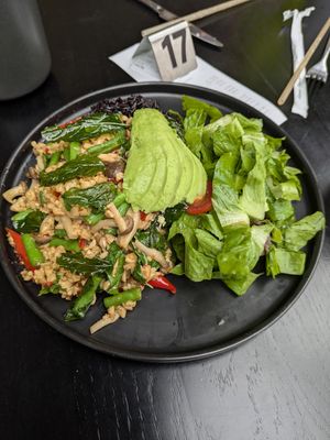 Mushroom tempeh krapow at Plantiful  in Bangkok