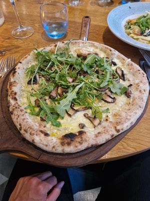 White sauce based pizza with mushrooms! at Artezzan  in Chester