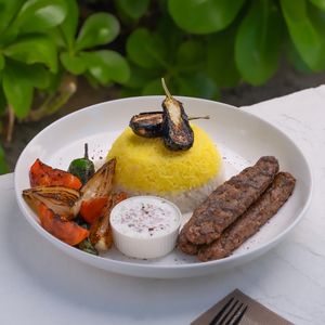 Vegan Mashawi platter with saffron rice and grilled vegetables! Juicy and tender! So fulfilling! at Replika in Dubai