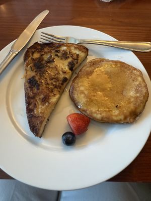 Plated French toast and pancakes  at Replika in Dubai