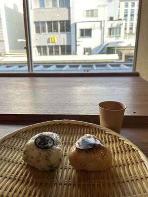 Perilla/miso and ginger/kelp flavors. Upstairs sitting area    at Gosho Yakimusubi Onimaru Kyoto Shijo Kawaramachi in Kyoto