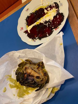 Artichoke (juicy and delicious) and beets  at Goli Restaurant in Budapest