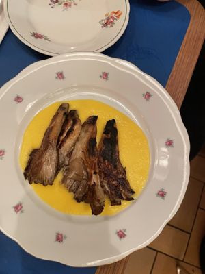 Oyster mushrooms and polenta   at Goli Restaurant in Budapest