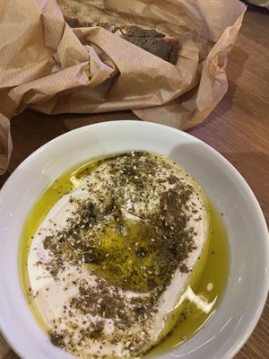 Labneh and bread   at Goli Restaurant in Budapest