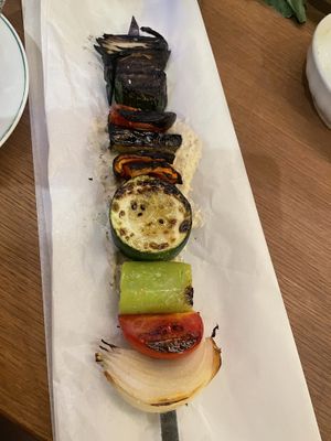 Souvlaki with babaganoush aioli   at Goli Restaurant in Budapest