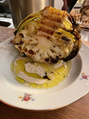 Smoked cauliflower with tahina and lemon juicee  at Goli Restaurant in Budapest