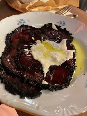 Beet Charcoals with horseradish sour cream and mandolina   at Goli Restaurant in Budapest