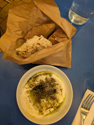 Bread bag and labneh at Goli Restaurant in Budapest