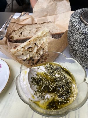 Bread bag and Labneh  at Goli Restaurant in Budapest