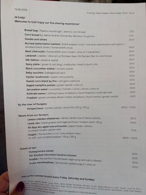 The first section of the menu is vegan at Goli Restaurant in Budapest