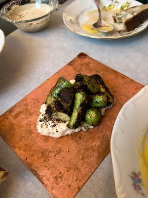 Baby zucchini in the most incredible garlicky Canada babaganoush at Goli Restaurant in Budapest