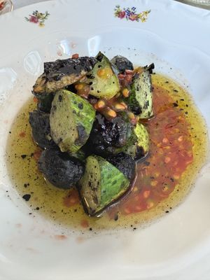 Charred cucumber  at Goli Restaurant in Budapest
