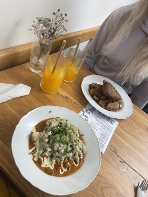 Halušky lunch break and fried tofu with plum sauce and potatoes   at Moment in Prague