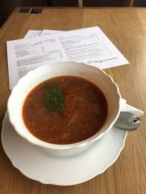 Borscht from day menu  at Moment in Prague