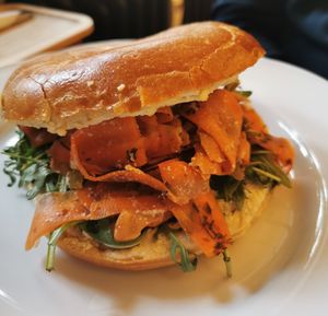 bagel with smoked carrtos at Moment in Prague