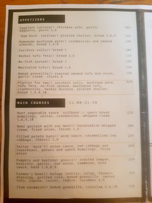 The appetizers and lunch menu at Moment in Prague