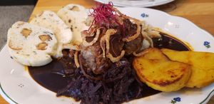 "Duck", potatoes & red cabbage main course at Moment in Prague