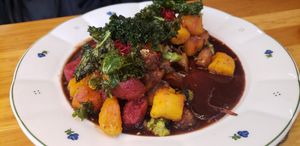 Gnocchis and tempeh main course at Moment in Prague