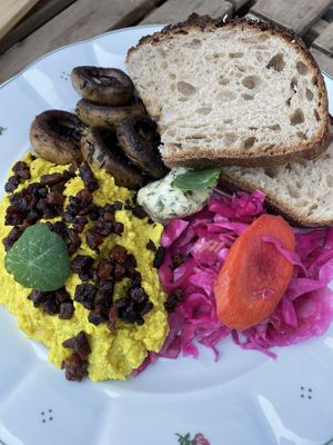 The scrambled tofu is tasty and it‘s a huge portion.  at Moment in Prague