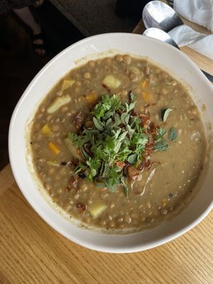 lentil smoked tofu soup  at Moment in Prague