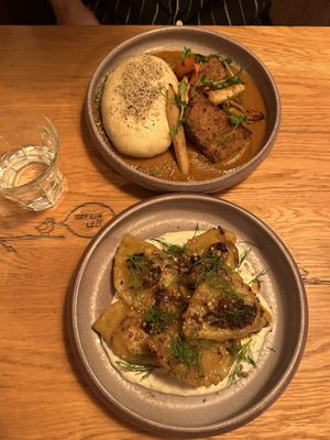 Seitan with yeast dumplings and pirogies with sour cream  at Moment in Prague